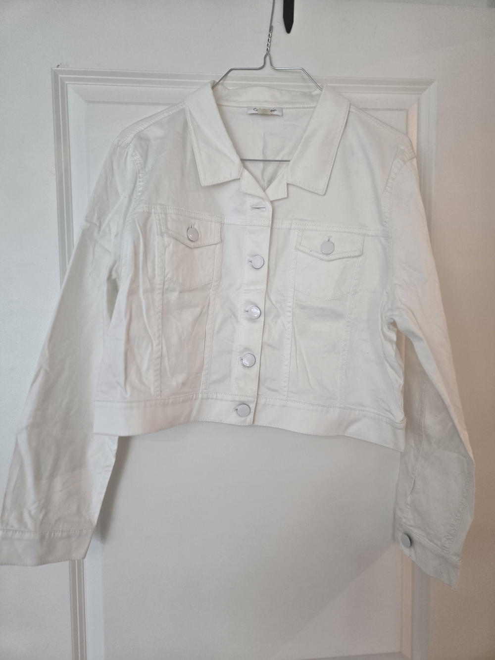Calvin Klein White Cropped Denim Jacket with Button Front